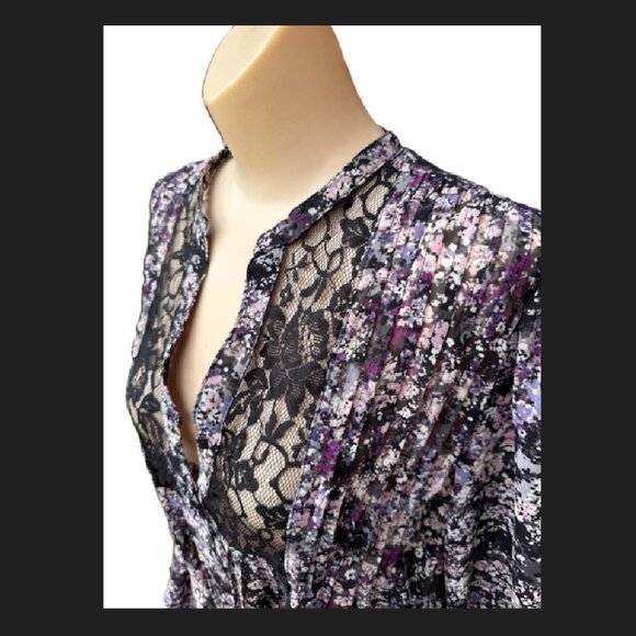 Ladies 'ELLE' Blouse S Purple Multi Floral Sheer V Neck Preowned - Picture 3 of 8